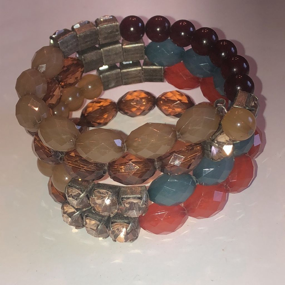 Boho Beaded Neutral Tone Brown Blue & Orange Beads Wrap Bracelet - Picture 3 of 6